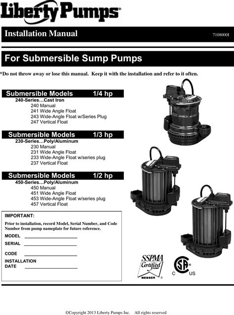 550291 2 Liberty 240 Series Sump Pump Installation Manual