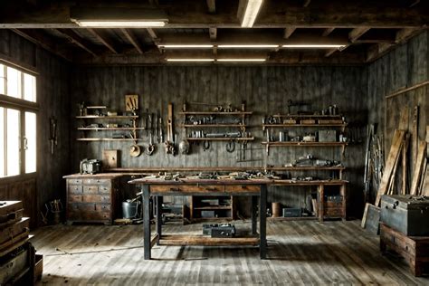 Luxury-style (workshop interior) with tool wall and messy and wooden ...