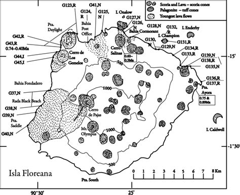 Map of Isla Floreana, showing Cox's paleomagnetic sampling sites with ...