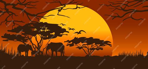 Premium Vector | Beautiful sunset safari scene with elephants silhouette