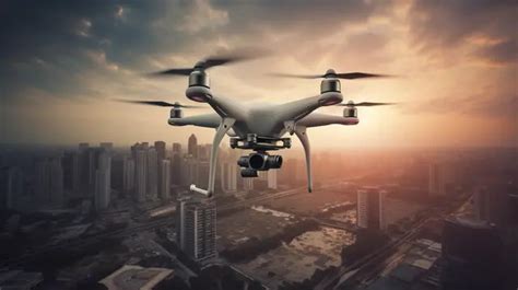 White Drone Flying Over A City Background, 3d Rendering Drone Camera Flying With Cityscape ...