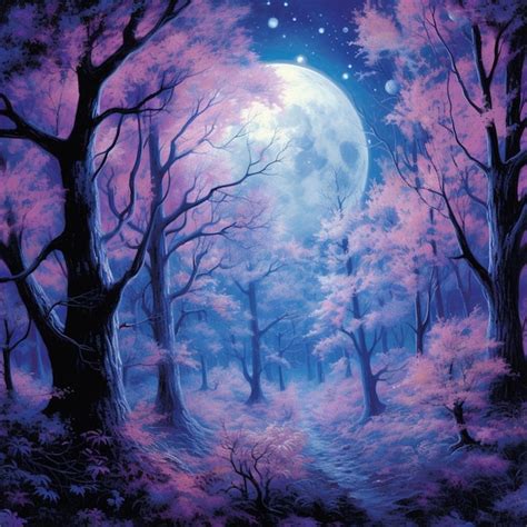 Premium Photo | Painting of a forest with a full moon and a path ...