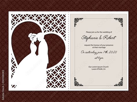 Laser cut template of wedding invitation, bride and groom in the heart ...