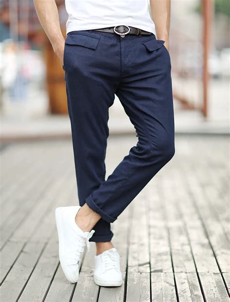 2017 Men Casual Linen Solid Color Ankle length Pants Men Slim Fit High ...