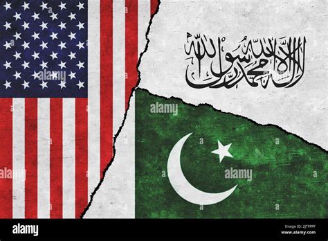 USA, Taliban and Pakistan painted flags on a wall with a crack. United ...