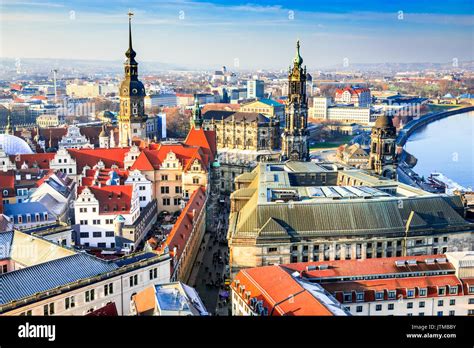 Dresden, Germany - Aerial view from Frauenkirche with Hofkirche and Augustus Bridge Stock Photo ...