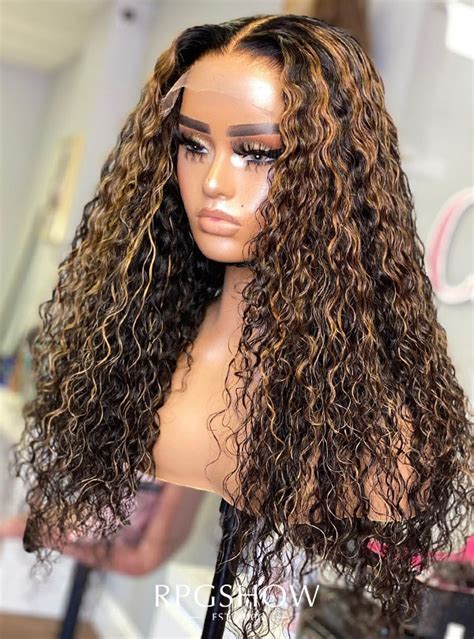 Long Middle Part Curly Natural Hair Color with Caramel Blonde Highlights Lace Front Wigs ...