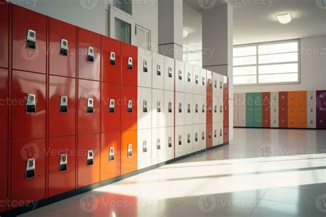 School hallway with modern lockers. Concept of studying and getting ...