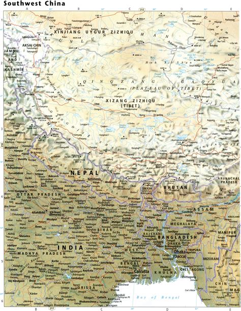 Southwest China map physical features with cities, rivers and lakes - World atlas