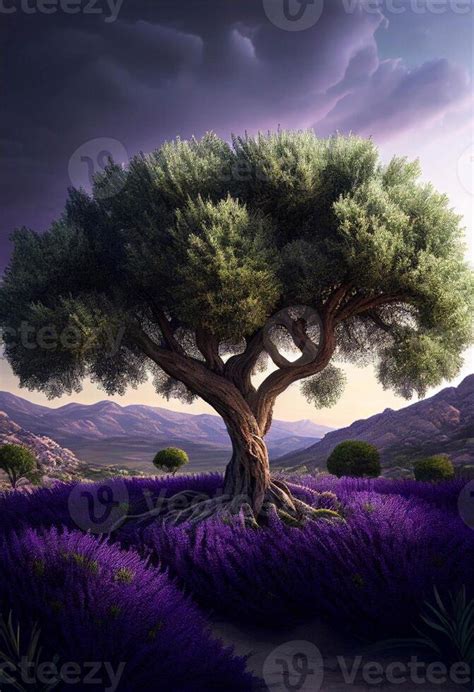 painting of a tree in a lavender field. . 24818842 Stock Photo at Vecteezy