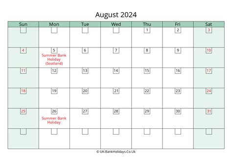 Bank Holidays 2024 August Calendar - Lari Sharia