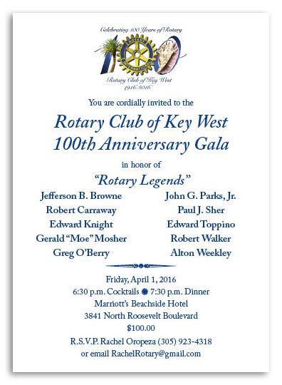 KW Rotary 100th Anniversary Gala Invitations Are Ready! | The Rotary Club of Key West