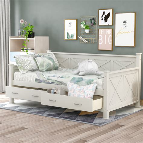 Twin Size Wooden Daybed Frame with 2 Storage Drawers White