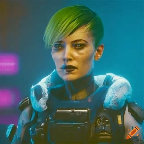 Close-up of a cyberpunk female soldier in black tactical armor on Craiyon