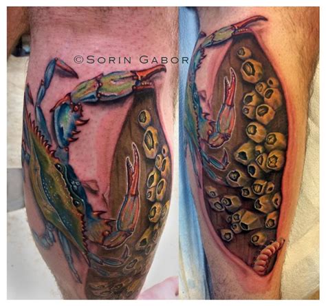 Realistic blue crab tattoo on leg with barnacles on dock and skin rip ...