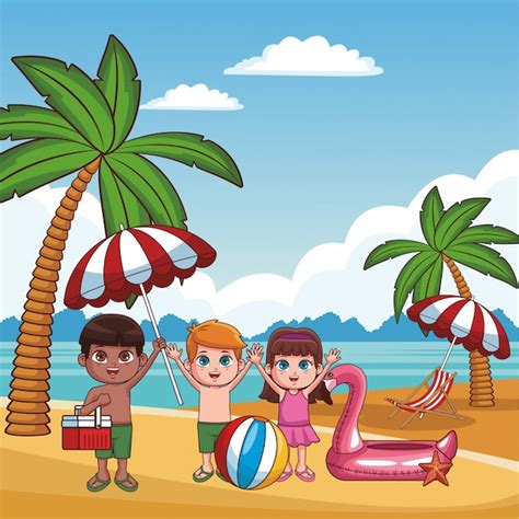 Premium Vector | Cute kids having fun at beach cartoons vector ...