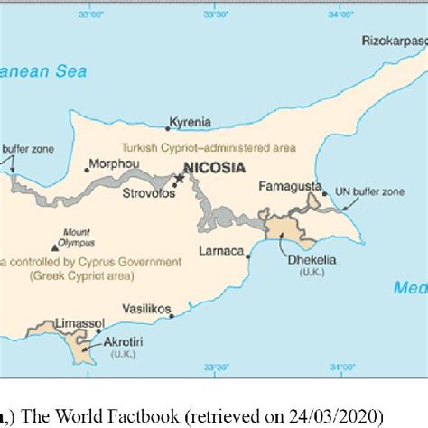 The map of Cyprus after 1974 with a buffer zone and British Sovereign... | Download Scientific ...