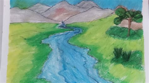 drawing of a river valley scenery, drawing of a river, how to draw a river valley landscape ...