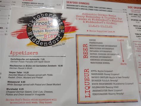 Menu at Middendorf's Slidell restaurant, Slidell