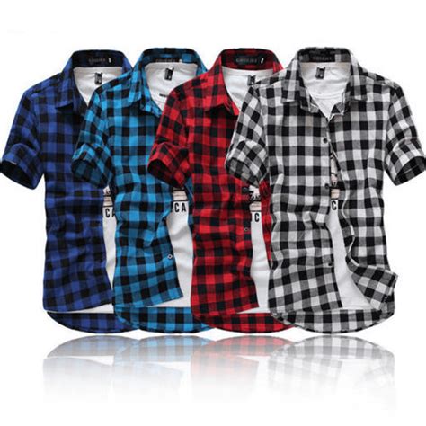 TSEXIEFOOFU - Fashion Men's Summer Casual Dress Shirt Mens Plaid Short Sleeve Shirts Tops ...