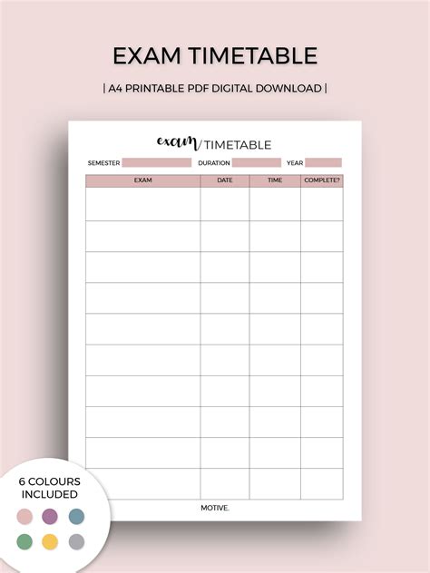 Exam Timetable A4 PDF Printable | Etsy