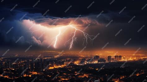 Premium AI Image | Lightning strikes over a city at night