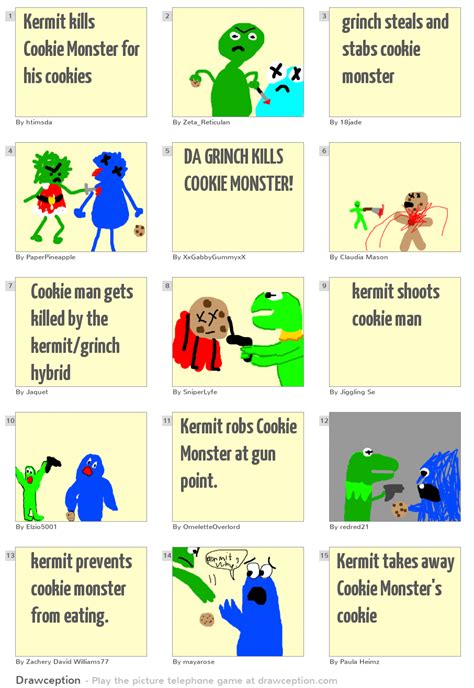 Kermit kills Cookie Monster for his cookies - Drawception