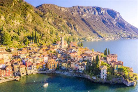 Aerial view by drone of Varenna, Lake Como, Lombardy, Italian Lakes ...