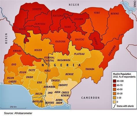Nigeria: Muslim population by state. Kebbi, Sokoto, Enugu, Osun, Abia, Benin, Chad, Nigeria, Muslim