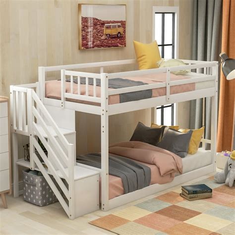 Euroco Wood Twin Over Twin Floor Bunk Bed with Stairs for Kids, White - Walmart.com - Walmart.com