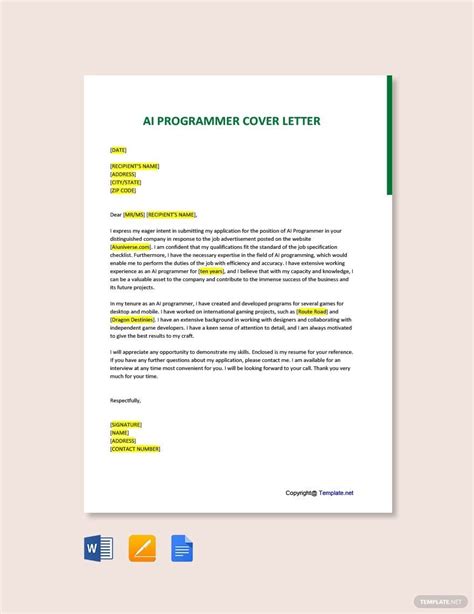 AI Programmer Cover Letter in Word, Google Docs, Pages, PDF - Download ...