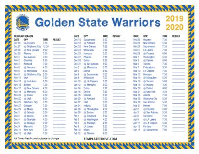 Printable 2019-2020 Golden State Warriors Schedule