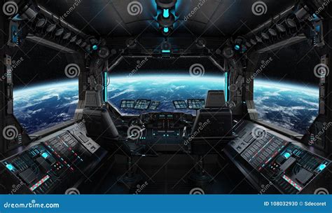 Spaceship Grunge Interior With View On Planet Earth Stock Photography | CartoonDealer.com #108032930