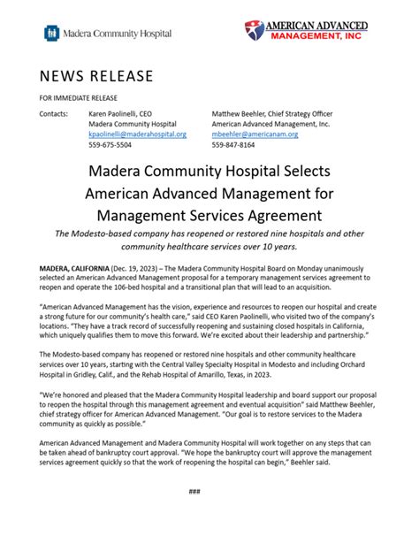 News Release - Madera Community Hospital Selects American Advanced ...