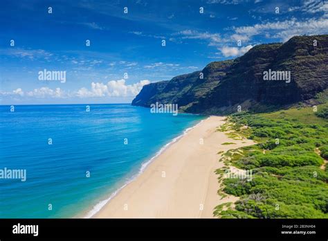 Aerial by drone of Polihale State Park beach, Kauai Island, Hawaii, United States of America ...