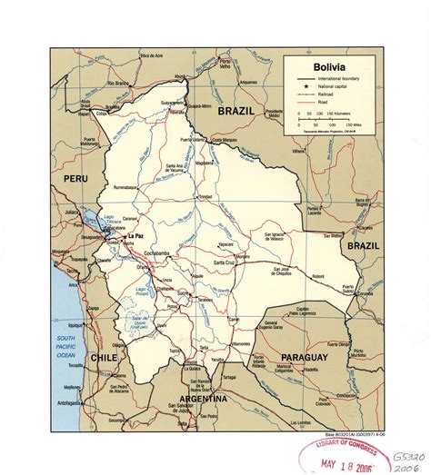 Large detailed political map of Bolivia with rivers, roads, railroads and major cities - 2006 ...