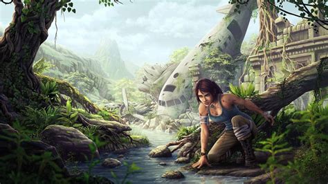 video games, artwork, dragon, jungle, Lara Croft, Tomb Raider ...