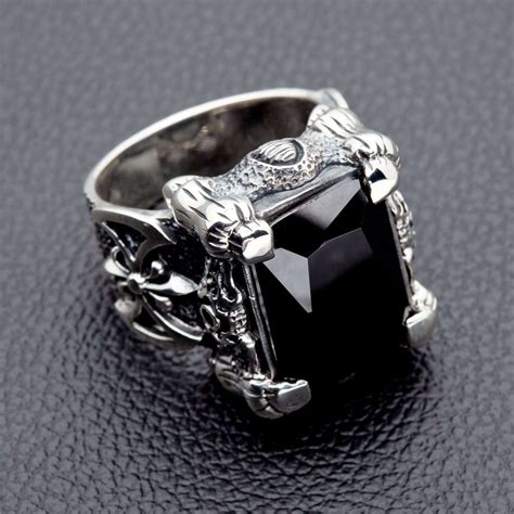 Black Onyx Sterling Silver Claw Mens Ring