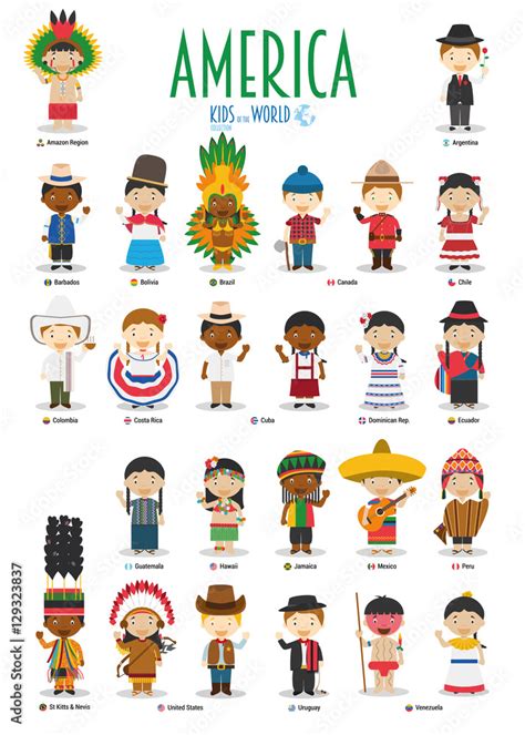 Kids and nationalities of the world vector: America. Set of 25 characters dressed in different ...