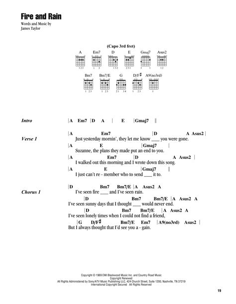 Fire And Rain by James Taylor Sheet Music for Guitar Chords/Lyrics at Sheet Music Direct