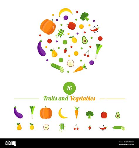 Healthy food circle with different fruits and vegetables icons. Abstract logo for organic shop ...