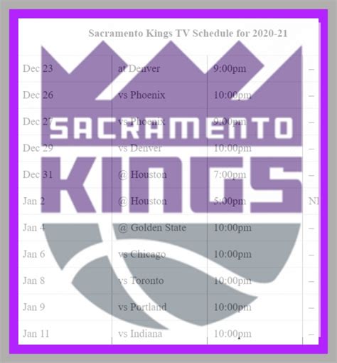 Printable Sacramento Kings schedule (and TV schedule) for 2020-21 season - Interbasket