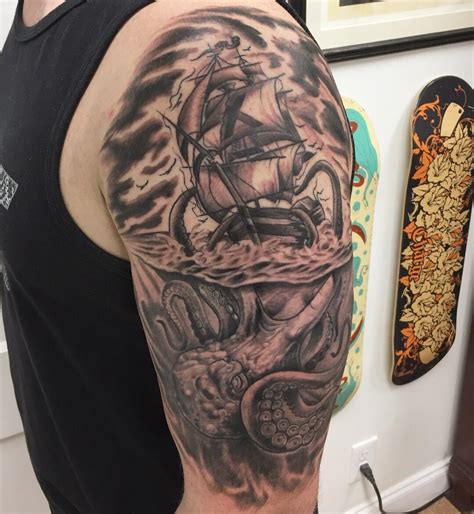 The Kraken taking down a pirate ship! The start of my deep-sea themed half sleeve (and eventual ...