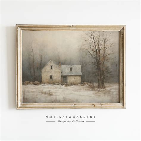 Vintage Winter Village Painting Printable Art Rustic Neutral Home Decor Farmhouse Christmas Wall ...