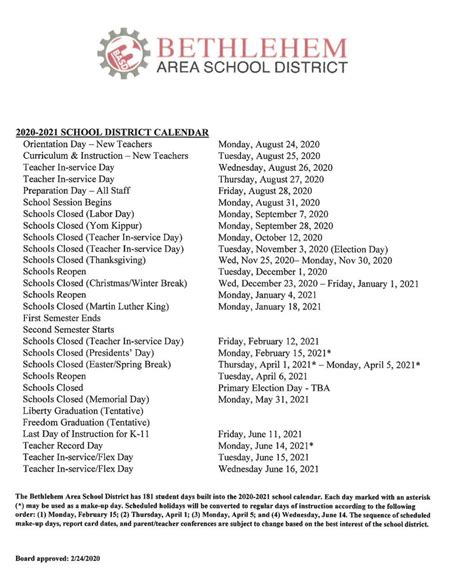 Bethlehem Area School District Calendar 2021 | Calendar board, School ...