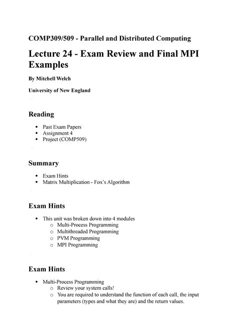 COMP309 2016 Lecture 24 - Exam Review and Final MPI Examples - COMP309/509 - Parallel and - Studocu