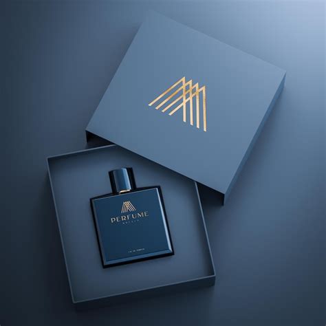 Premium PSD | Navy luxury perfume bottle and box logo mockup on navy abstract background 3d render