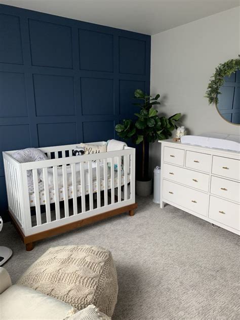 Modern Neutral Nursery - navy and white nursery with greenery ...