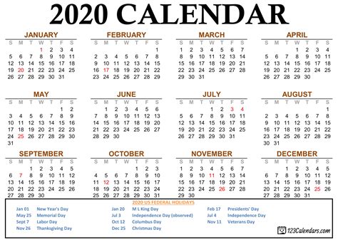 Free Printable 2020 Calendar | 123Calendars.com