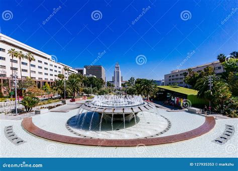 Fountain in Grand Park, and Los Angeles City Hall Stock Image - Image ...